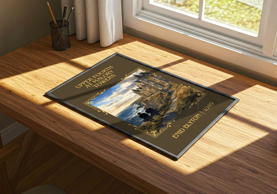 Upper Fourth At Malory Towers Classic Book Art Print by Enid Blyton – print on a sunlit desk