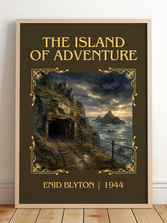 The Island Of Adventure Classic Book Art Print by Enid Blyton – framed print leaning on a wooden floor