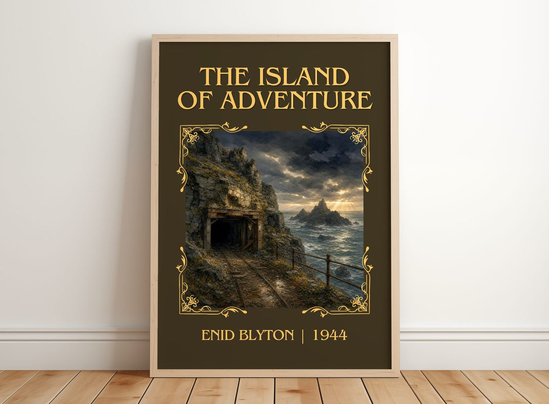 The Island Of Adventure Classic Book Art Print by Enid Blyton – framed print leaning on a wooden floor