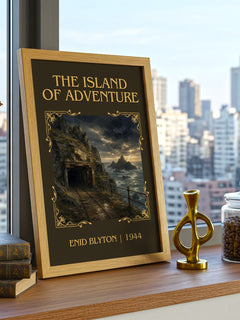 The Island Of Adventure Classic Book Art Print by Enid Blyton – framed print on a city-view windowsill