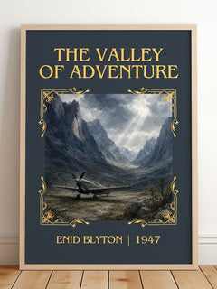 The Valley Of Adventure Classic Book Art Print by Enid Blyton – framed print leaning on a wooden floor