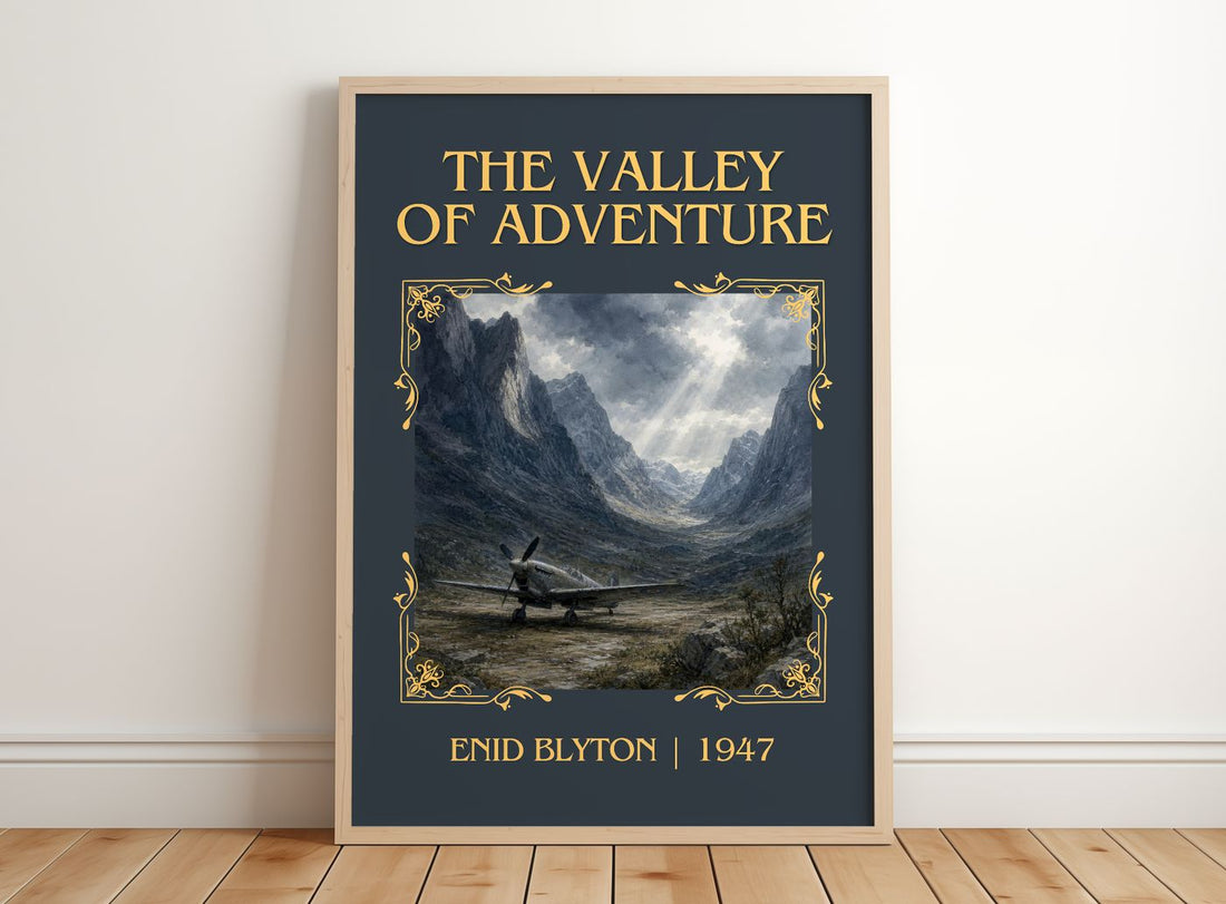 The Valley Of Adventure Classic Book Art Print by Enid Blyton – framed print leaning on a wooden floor