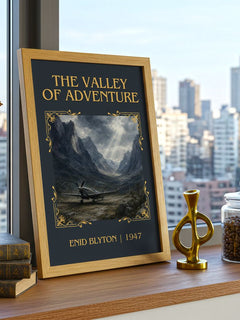 The Valley Of Adventure Classic Book Art Print by Enid Blyton – framed print on a city-view windowsill