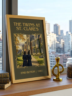 The Twins At St. Clare'S Classic Book Art Print by Enid Blyton – framed print on a city-view windowsill