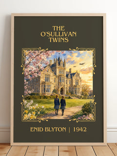 The O'Sullivan Twins Classic Book Art Print by Enid Blyton – framed print leaning on a wooden floor