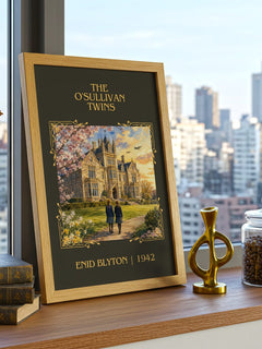 The O'Sullivan Twins Classic Book Art Print by Enid Blyton – framed print on a city-view windowsill