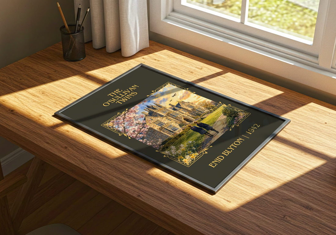 The O'Sullivan Twins Classic Book Art Print by Enid Blyton – print on a sunlit desk