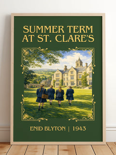 Summer Term At St. Clare'S Classic Book Art Print by Enid Blyton – framed print leaning on a wooden floor