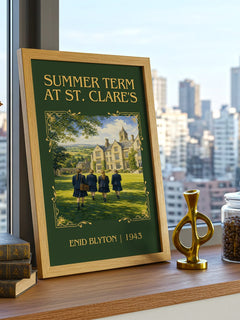 Summer Term At St. Clare'S Classic Book Art Print by Enid Blyton – framed print on a city-view windowsill