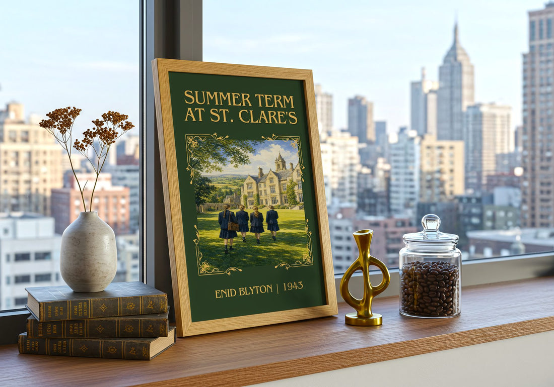 Summer Term At St. Clare'S Classic Book Art Print by Enid Blyton – framed print on a city-view windowsill