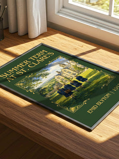 Summer Term At St. Clare'S Classic Book Art Print by Enid Blyton – print on a sunlit desk