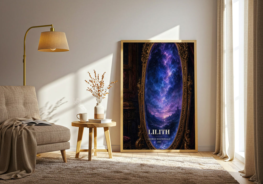 Lilith watercolour print in frame leaning in hallway – fantasy wall art (mockup)