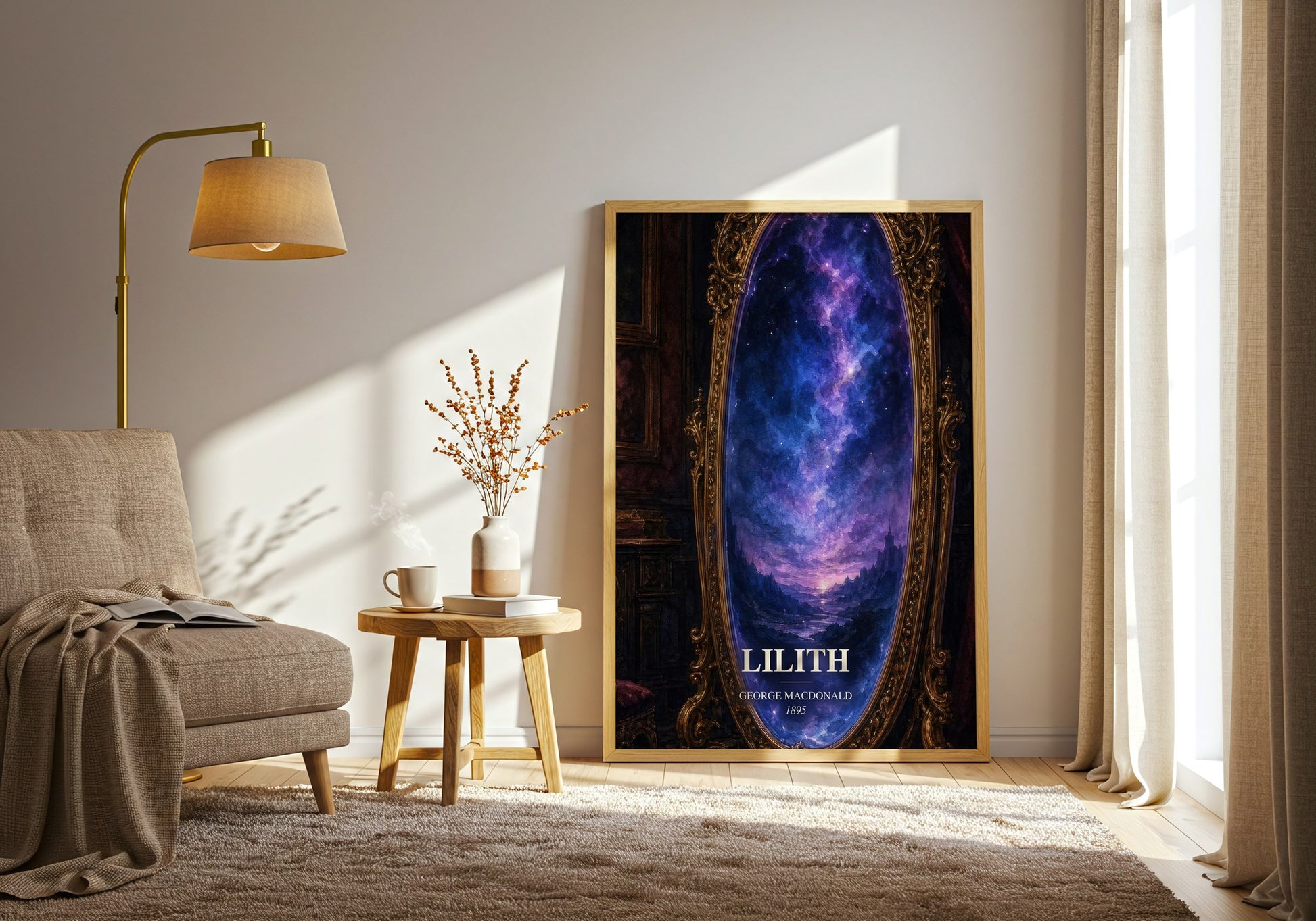 Lilith watercolour print in frame leaning in hallway – fantasy wall art