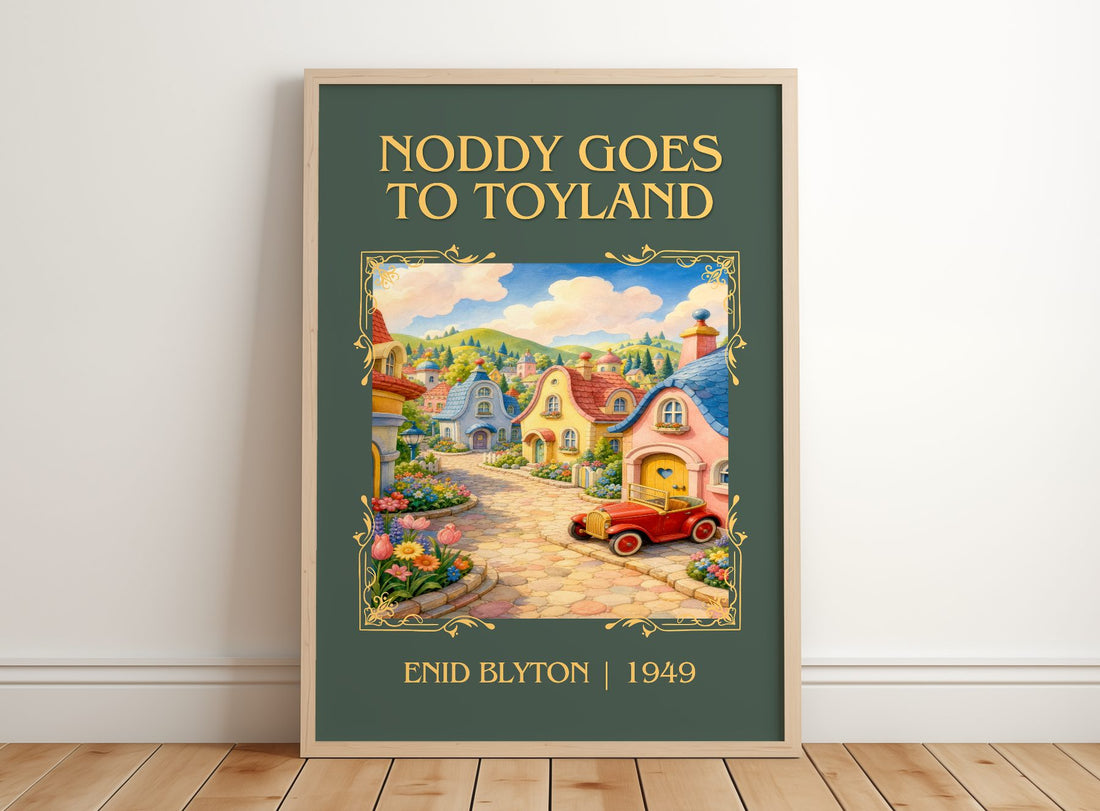 Noddy Goes To Toyland Classic Book Art Print by Enid Blyton – framed print leaning on a wooden floor
