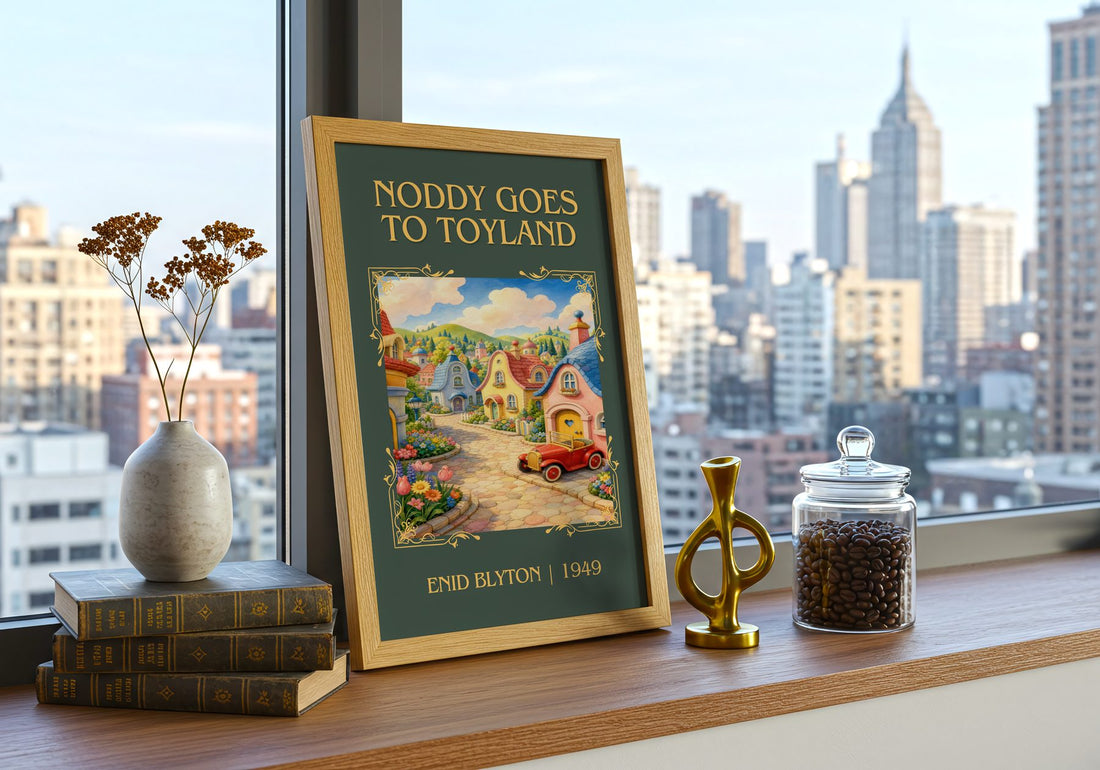 Noddy Goes To Toyland Classic Book Art Print by Enid Blyton – framed print on a city-view windowsill
