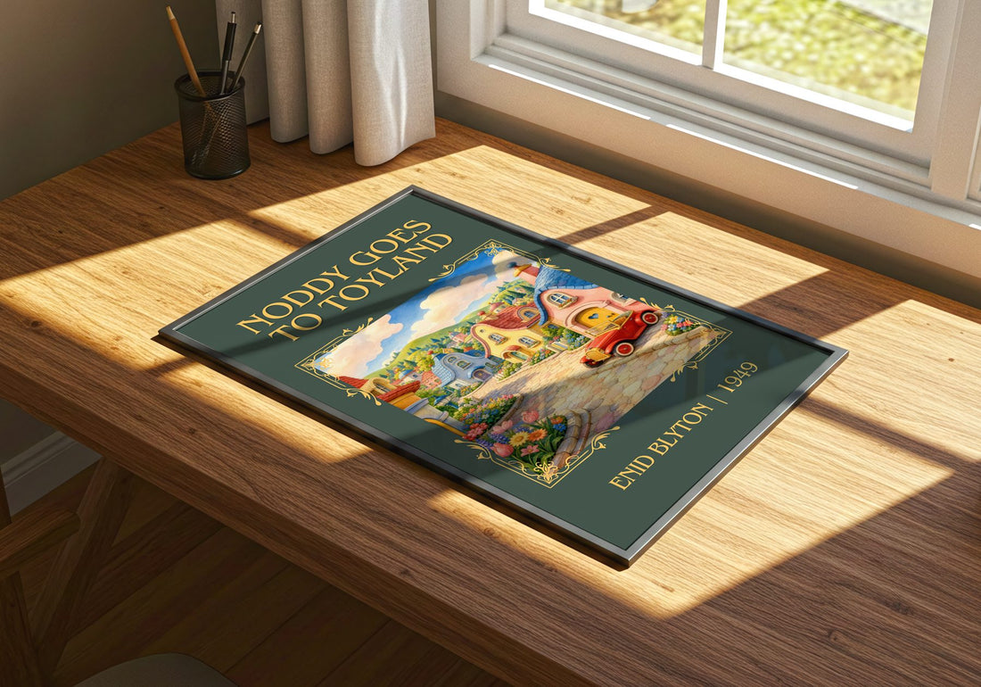 Noddy Goes To Toyland Classic Book Art Print by Enid Blyton – print on a sunlit desk