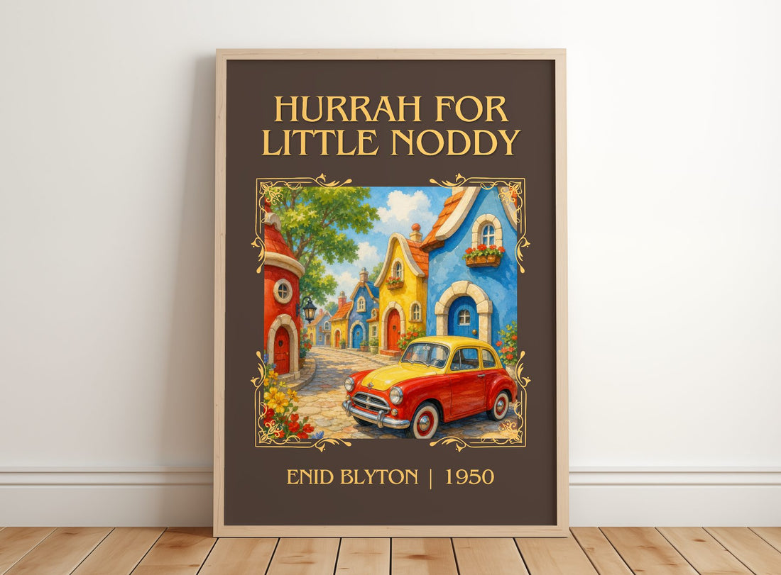 Hurrah For Little Noddy Classic Book Art Print by Enid Blyton – framed print leaning on a wooden floor