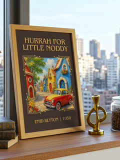 Hurrah For Little Noddy Classic Book Art Print by Enid Blyton – framed print on a city-view windowsill