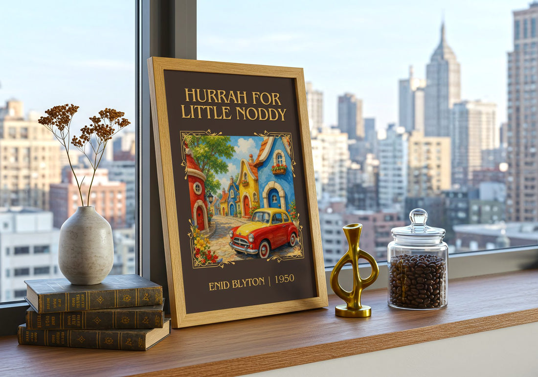 Hurrah For Little Noddy Classic Book Art Print by Enid Blyton – framed print on a city-view windowsill