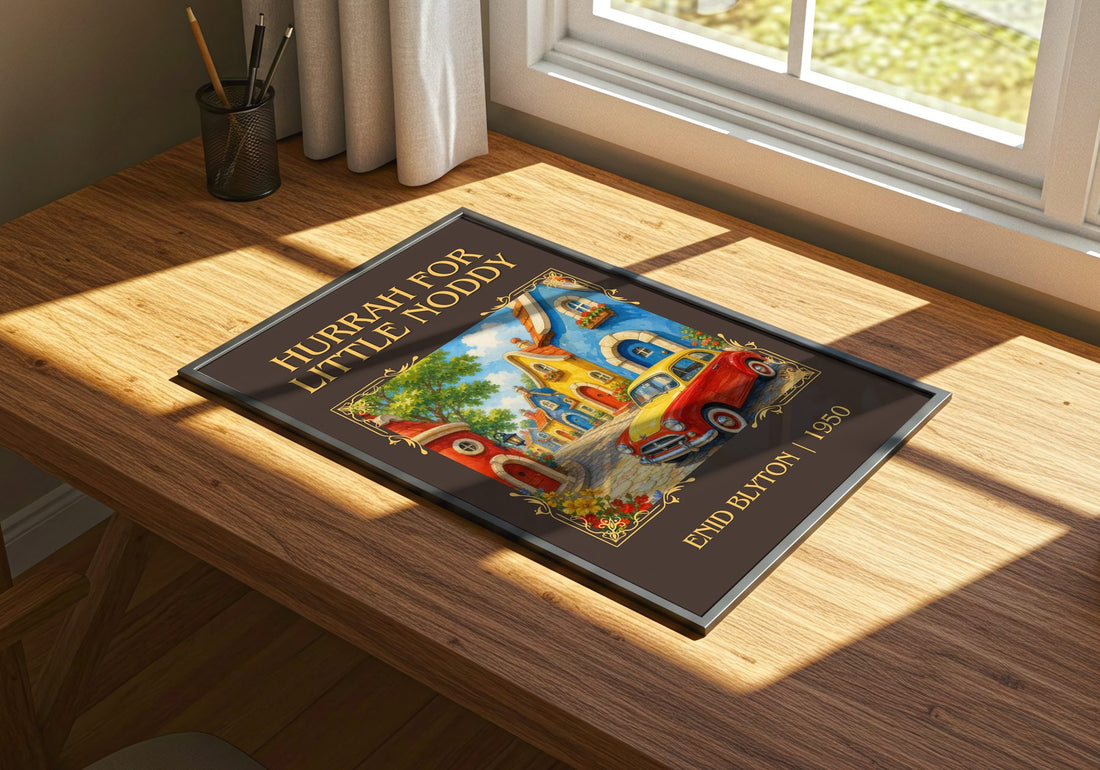Hurrah For Little Noddy Classic Book Art Print by Enid Blyton – print on a sunlit desk
