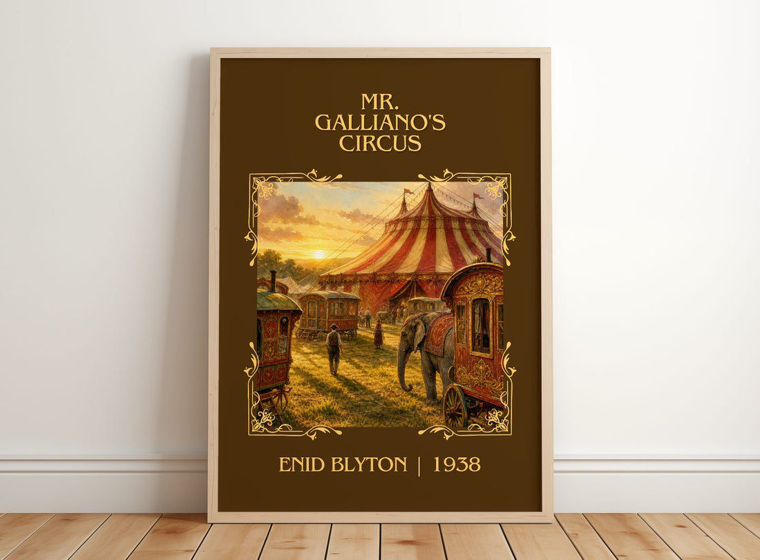 Mr. Galliano'S Circus Classic Book Art Print by Enid Blyton – framed print leaning on a wooden floor