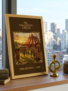 Mr. Galliano'S Circus Classic Book Art Print by Enid Blyton – framed print on a city-view windowsill