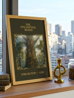 The Enchanted Wood Classic Book Art Print by Enid Blyton – framed print on a city-view windowsill