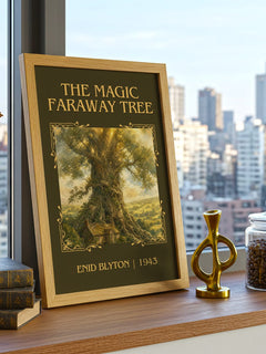 The Magic Faraway Tree Classic Book Art Print by Enid Blyton – framed print on a city-view windowsill