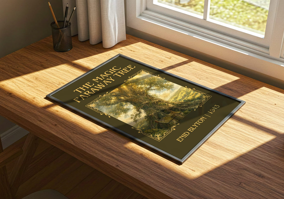 The Magic Faraway Tree Classic Book Art Print by Enid Blyton – print on a sunlit desk