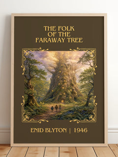 The Folk Of The Faraway Tree Classic Book Art Print by Enid Blyton – framed print leaning on a wooden floor