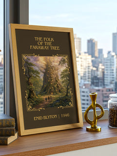 The Folk Of The Faraway Tree Classic Book Art Print by Enid Blyton – framed print on a city-view windowsill