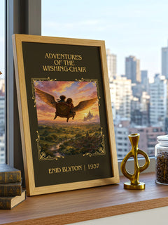 Adventures Of The Wishing-Chair Classic Book Art Print by Enid Blyton – framed print on a city-view windowsill