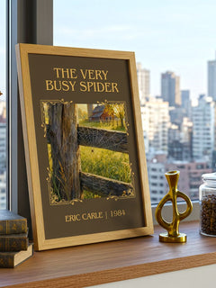 The Very Busy Spider Classic Book Art Print by Eric Carle – framed print on a city-view windowsill