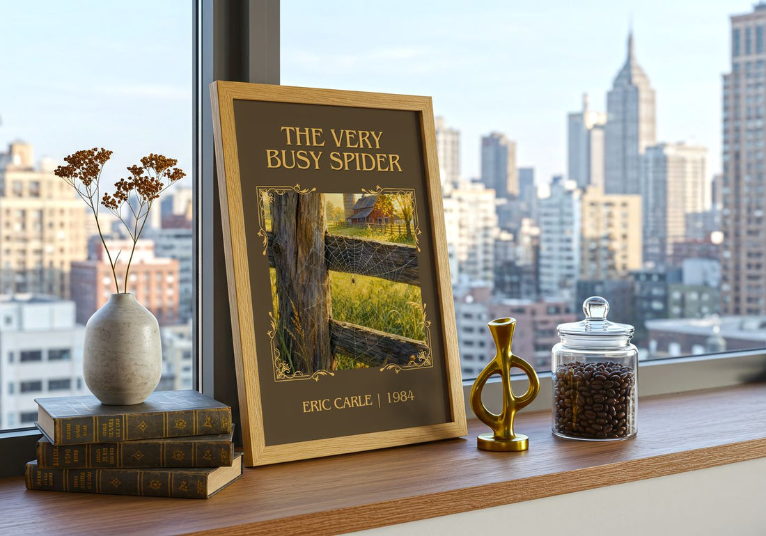 The Very Busy Spider Classic Book Art Print by Eric Carle – framed print on a city-view windowsill