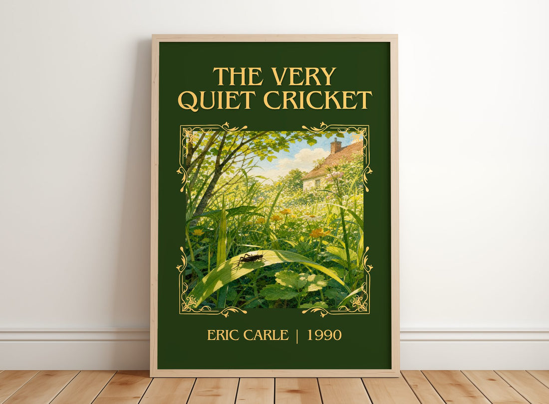 The Very Quiet Cricket Classic Book Art Print by Eric Carle – framed print leaning on a wooden floor