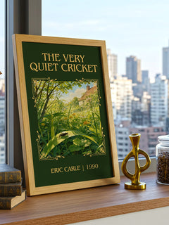 The Very Quiet Cricket Classic Book Art Print by Eric Carle – framed print on a city-view windowsill