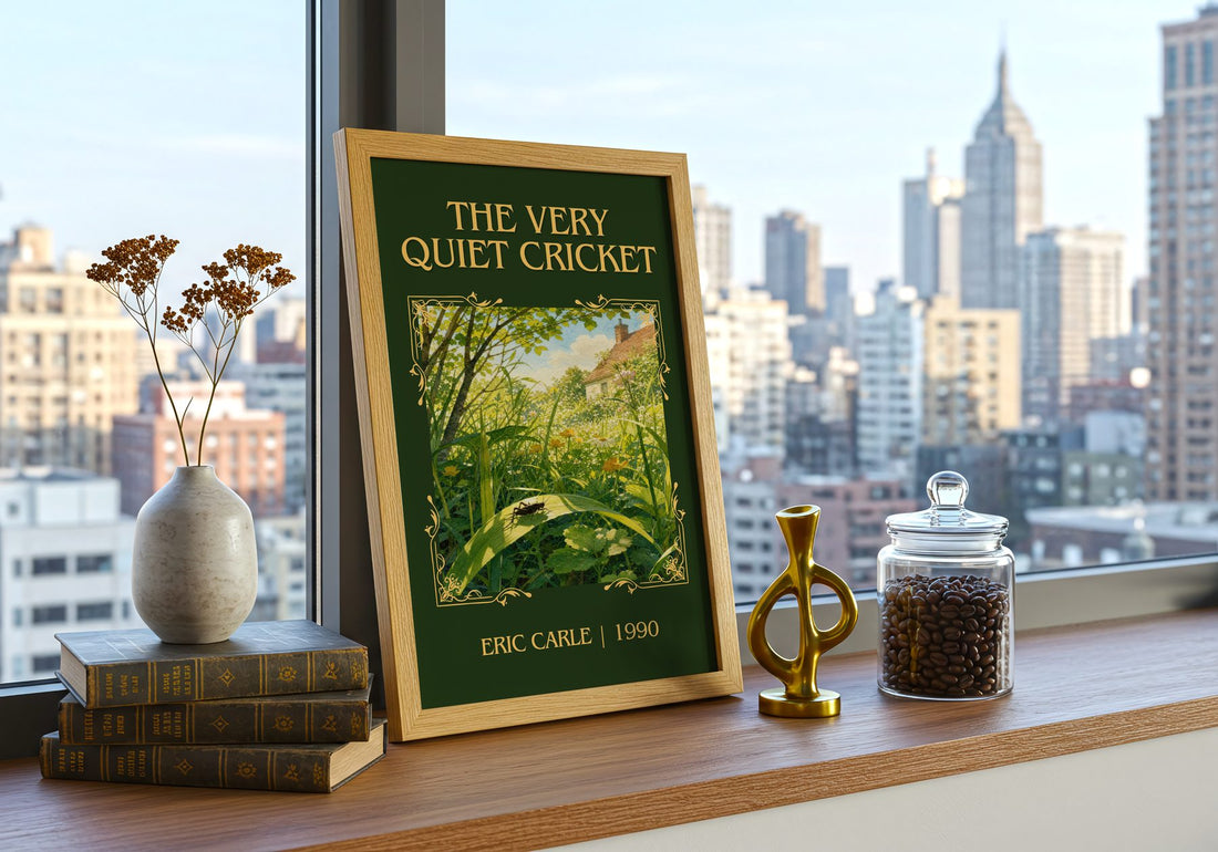 The Very Quiet Cricket Classic Book Art Print by Eric Carle – framed print on a city-view windowsill