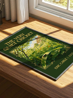 The Very Quiet Cricket Classic Book Art Print by Eric Carle – print on a sunlit desk