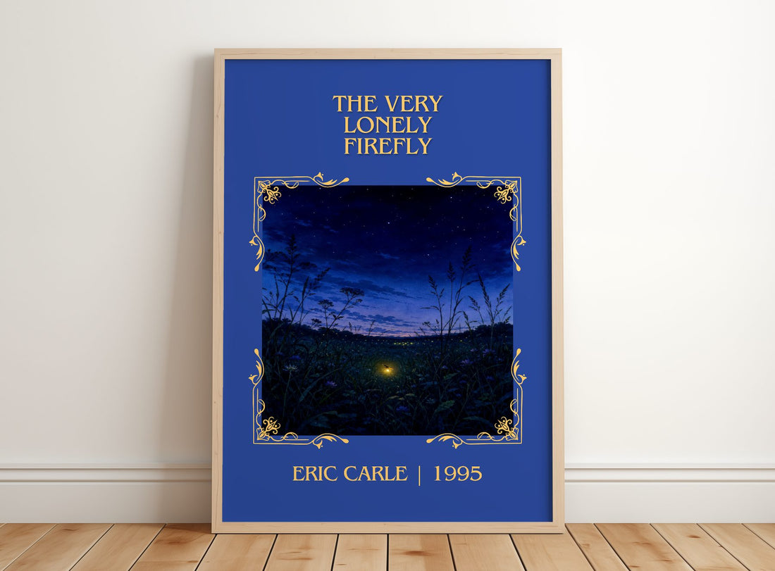 The Very Lonely Firefly Classic Book Art Print by Eric Carle – framed print leaning on a wooden floor
