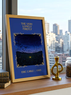 The Very Lonely Firefly Classic Book Art Print by Eric Carle – framed print on a city-view windowsill