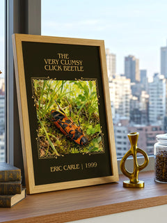 The Very Clumsy Click Beetle Classic Book Art Print by Eric Carle – framed print on a city-view windowsill