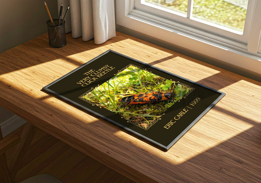 The Very Clumsy Click Beetle Classic Book Art Print by Eric Carle – print on a sunlit desk