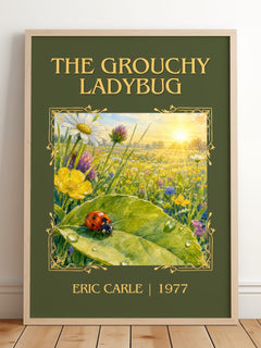 The Grouchy Ladybug Classic Book Art Print by Eric Carle – framed print leaning on a wooden floor