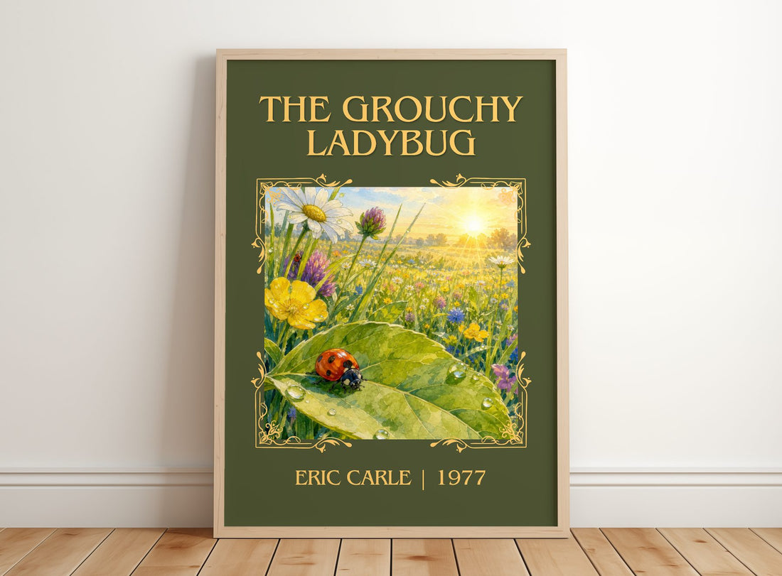 The Grouchy Ladybug Classic Book Art Print by Eric Carle – framed print leaning on a wooden floor