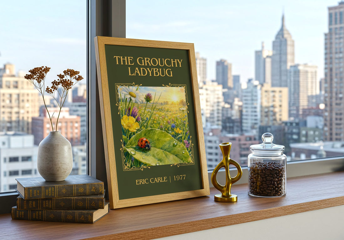 The Grouchy Ladybug Classic Book Art Print by Eric Carle – framed print on a city-view windowsill