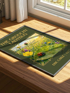 The Grouchy Ladybug Classic Book Art Print by Eric Carle – print on a sunlit desk