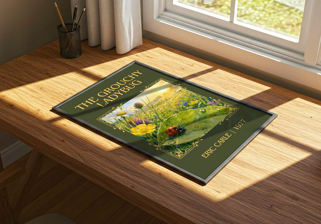 The Grouchy Ladybug Classic Book Art Print by Eric Carle – print on a sunlit desk