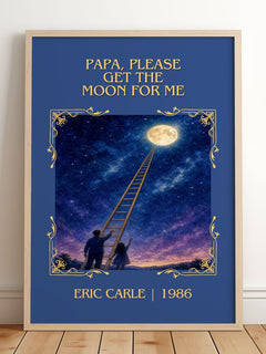 Papa, Please Get The Moon For Me Classic Book Art Print by Eric Carle – framed print leaning on a wooden floor