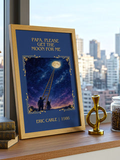 Papa, Please Get The Moon For Me Classic Book Art Print by Eric Carle – framed print on a city-view windowsill