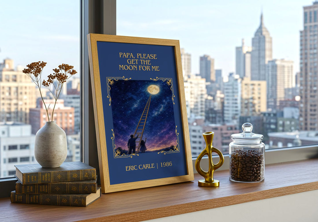 Papa, Please Get The Moon For Me Classic Book Art Print by Eric Carle – framed print on a city-view windowsill